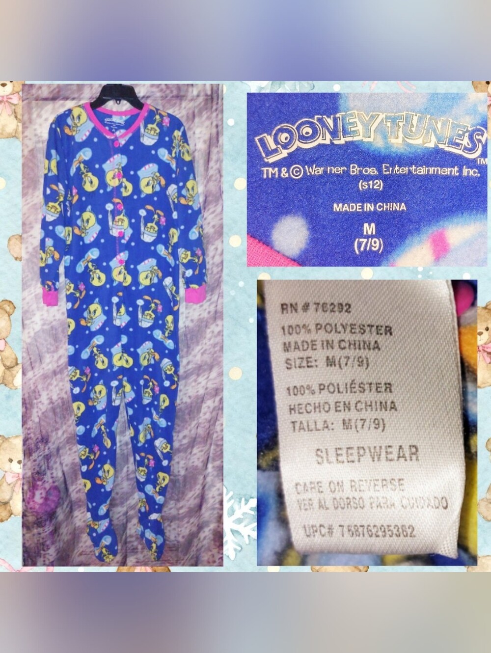 Warner Bros. Blue/Multiclr Tweety Bird Print Adult Knit Fleece Footie Onesie Med